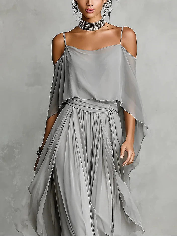 Amandine™ | Ensemble fluide gris avec top à bretelles fines et pantalon léger