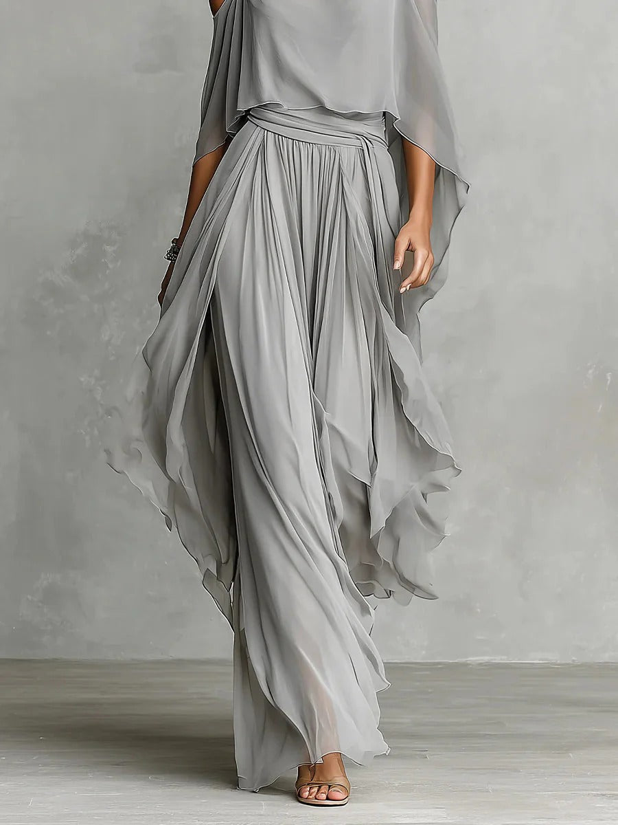 Amandine™ | Ensemble fluide gris avec top à bretelles fines et pantalon léger