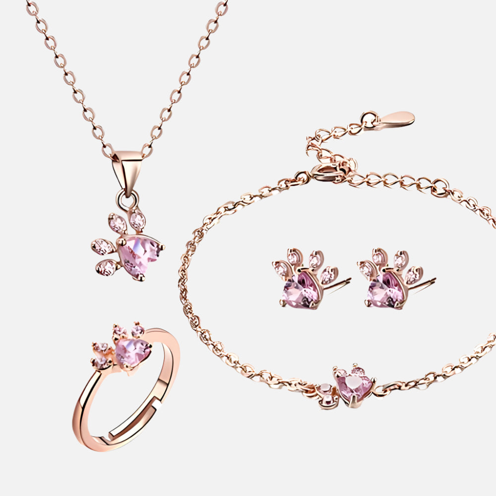 Ensemble de Bijoux Pattes en Or Rose – 4 Pièces avec Cœur en Zirconia (Bague, Collier, Boucles d'Oreilles, Bracelet)