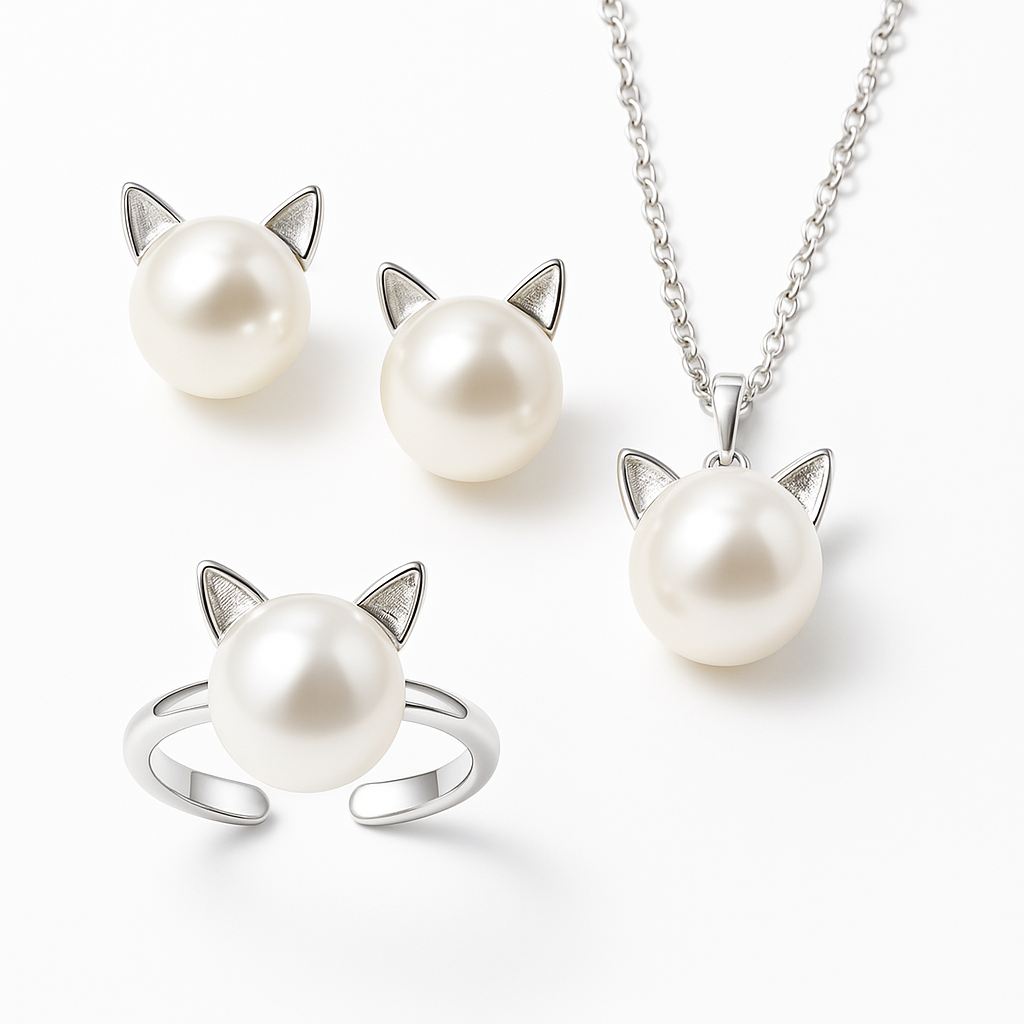 Collier en Perle de Chat Magnifique avec Boucles d'Oreilles et Bague Bonus