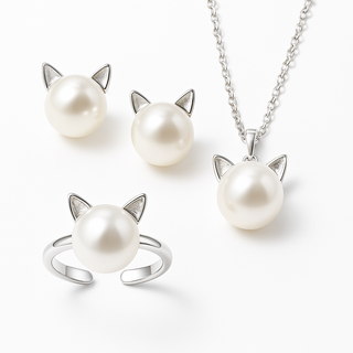 Collier en Perle de Chat Magnifique avec Boucles d'Oreilles et Bague Bonus