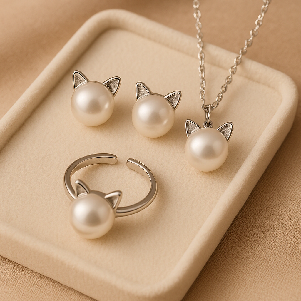 Collier en Perle de Chat Magnifique avec Boucles d'Oreilles et Bague Bonus