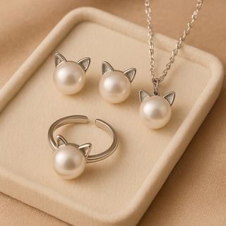 Collier en Perle de Chat Magnifique avec Boucles d'Oreilles et Bague Bonus