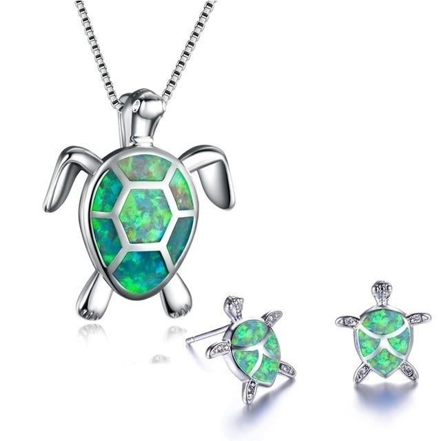 Collier et Boucles d'Oreilles Tortue de Mer en Opale et Argent
