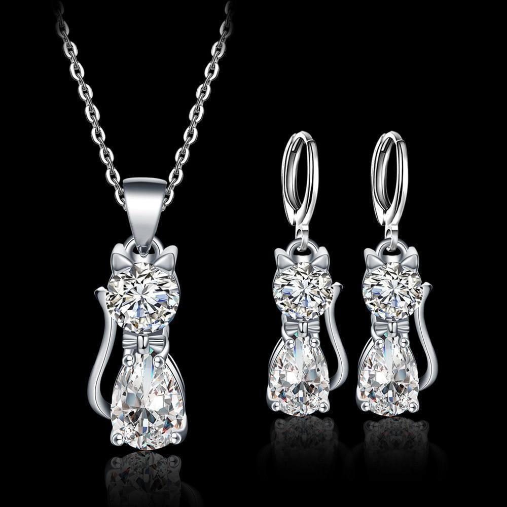 Collier + Boucles d'oreilles Chats Heureux en Argent Sterling et Zirconium Blanc Poli