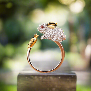 Bague en Cristal Argentée Ajustable Unique en Forme de Lapin et Carotte