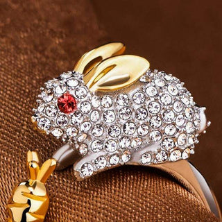 Bague en Cristal Argentée Ajustable Unique en Forme de Lapin et Carotte