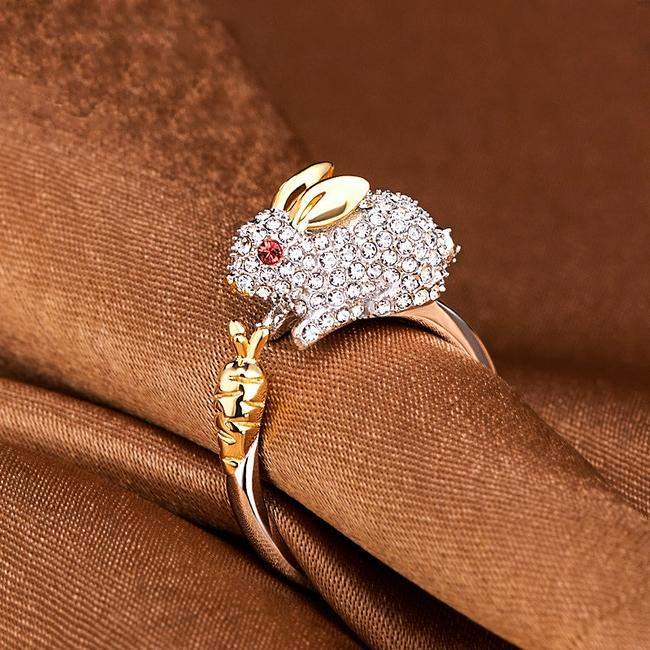 Bague en Cristal Argentée Ajustable Unique en Forme de Lapin et Carotte
