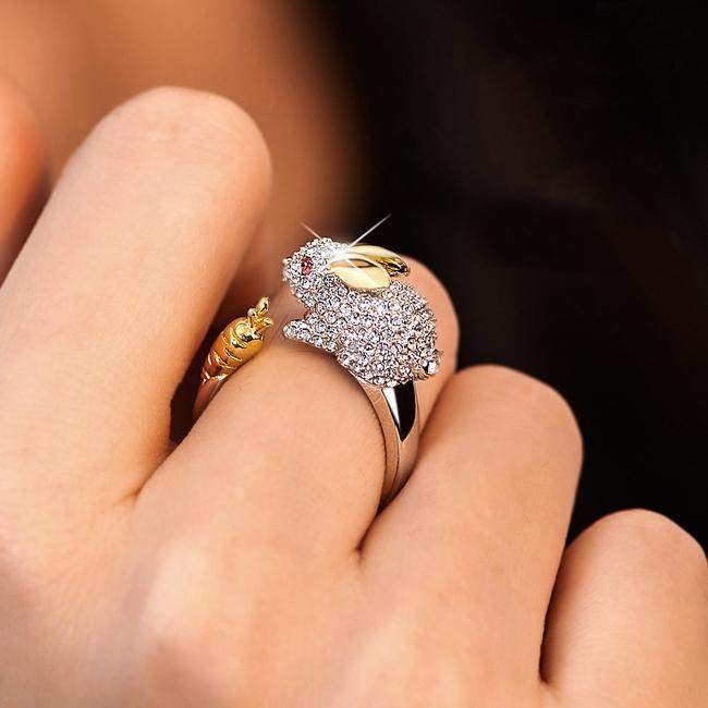 Bague en Cristal Argentée Ajustable Unique en Forme de Lapin et Carotte