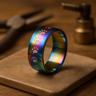 Bague en Acier Inoxydable Arc-en-Ciel avec Empreinte de Patte Artisanale