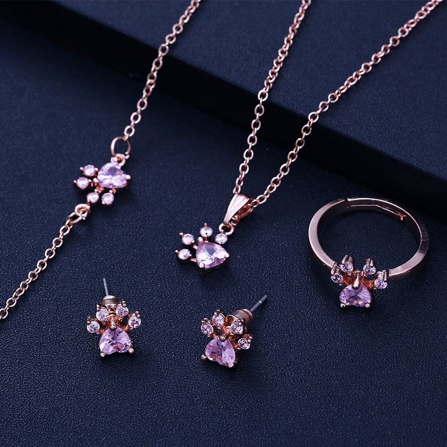 Ensemble de Bijoux Pattes en Or Rose – 4 Pièces avec Cœur en Zirconia (Bague, Collier, Boucles d'Oreilles, Bracelet)