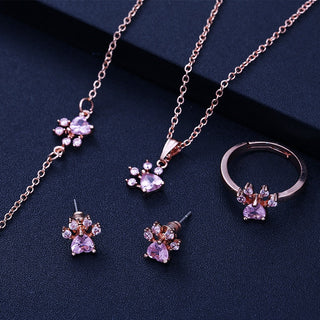 Ensemble de Bijoux Pattes en Or Rose – 4 Pièces avec Cœur en Zirconia (Bague, Collier, Boucles d'Oreilles, Bracelet)
