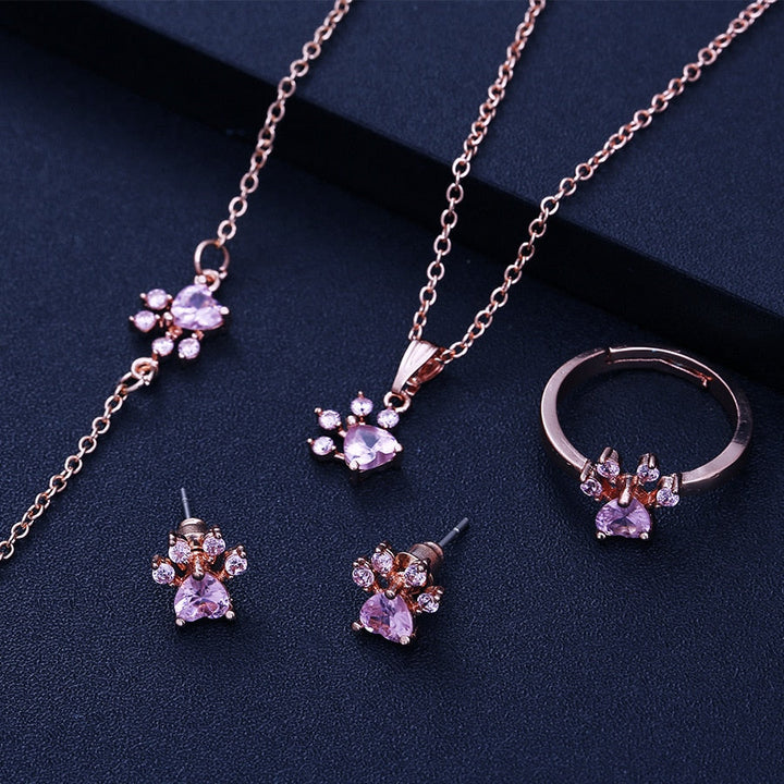 Ensemble de Bijoux Pattes en Or Rose – 4 Pièces avec Cœur en Zirconia (Bague, Collier, Boucles d'Oreilles, Bracelet)