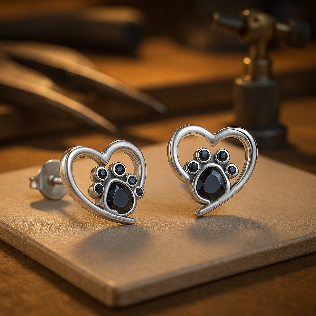 Boucles d'oreilles en argent en forme de patte de cœur – Argent avec émail noir