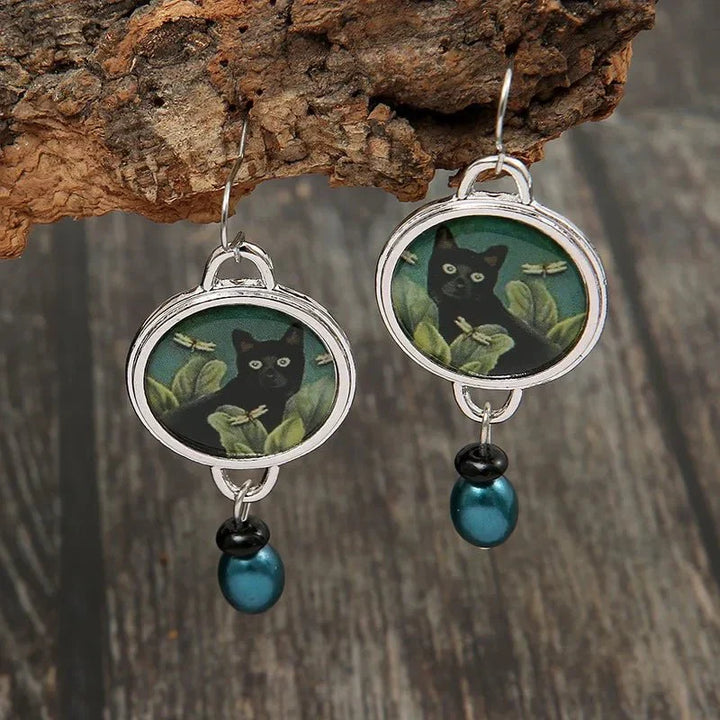 Boucles d'oreilles pendantes vintage tropicales en forme de chat noir