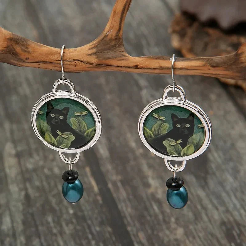 Boucles d'oreilles pendantes vintage tropicales en forme de chat noir