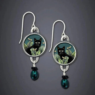 Boucles d'oreilles pendantes vintage tropicales en forme de chat noir