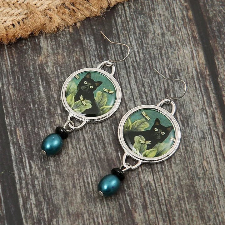 Boucles d'oreilles pendantes vintage tropicales en forme de chat noir