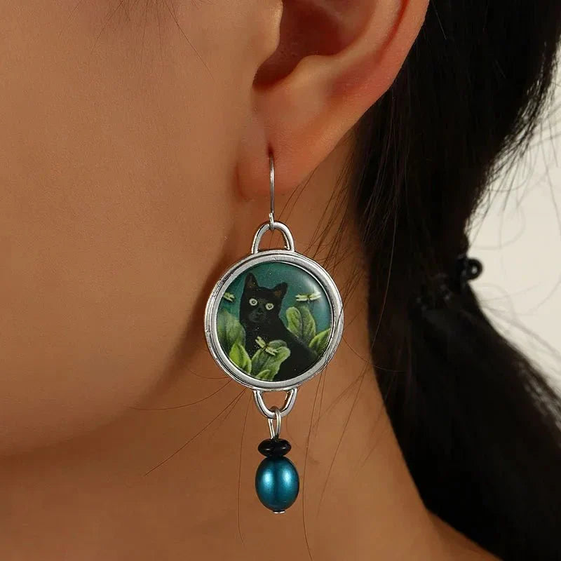 Boucles d'oreilles pendantes vintage tropicales en forme de chat noir