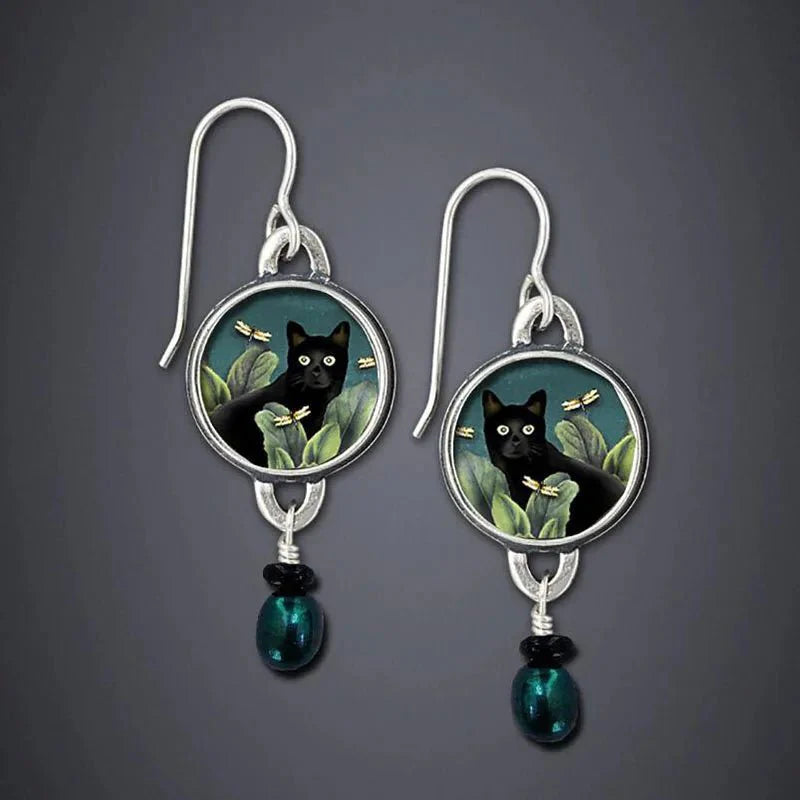 Boucles d'oreilles pendantes vintage tropicales en forme de chat noir