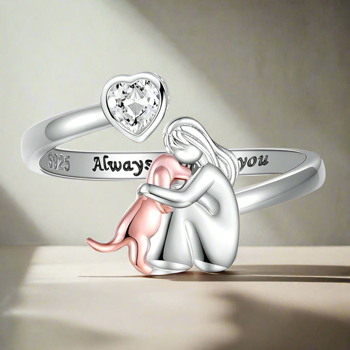 Bague Ajustable pour Chien en Argent Sterling 925 – “Toujours dans Mon Cœur” avec Zirconia
